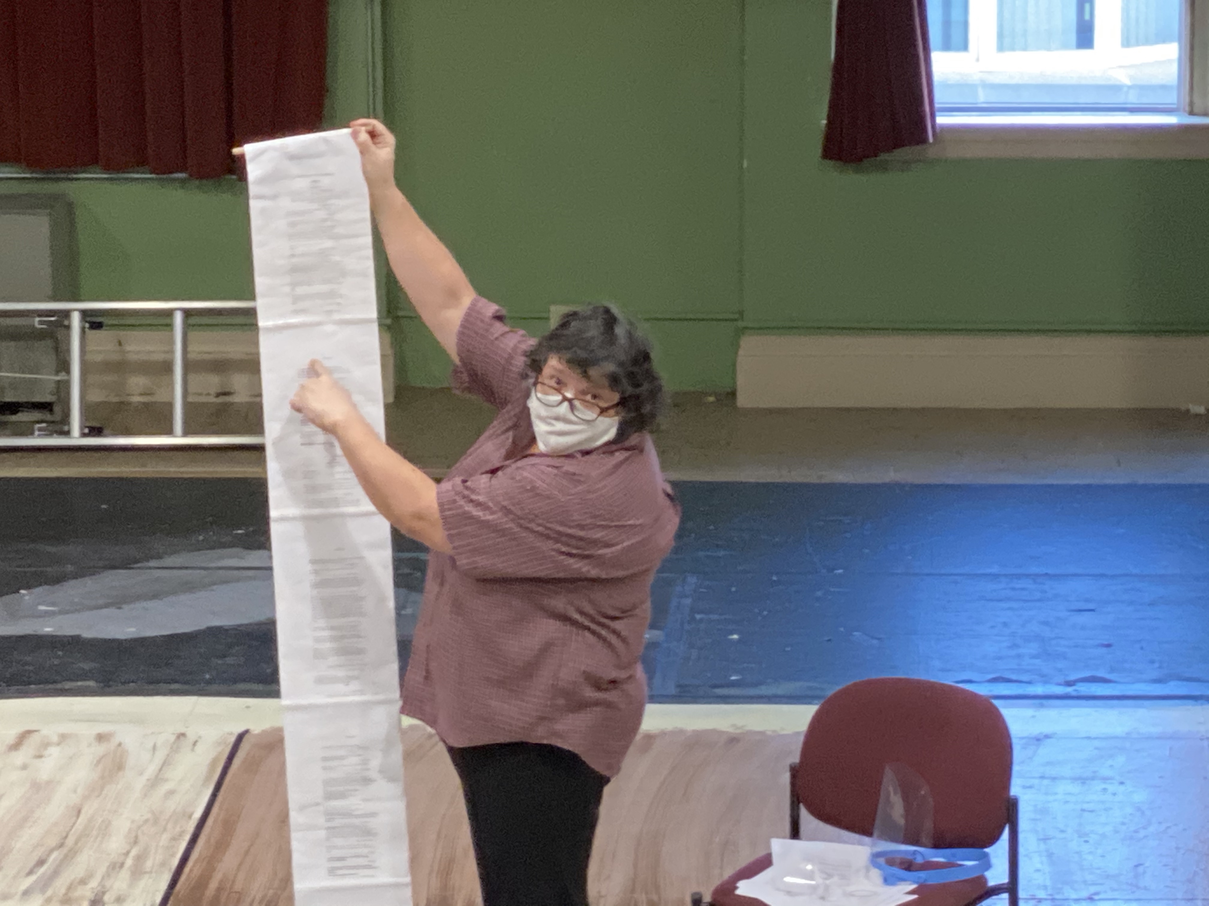 Ann Harvey explains scrolls & first folio during rehearsal for Lost Nation Theater's Midsommer Nights Dreame